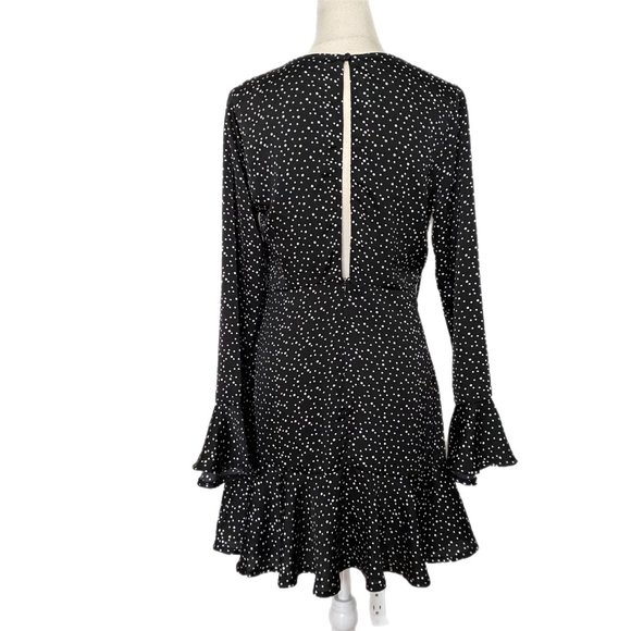 White Fox Women's Black/White Polka Dot Long Bell Sleeve Ruffle Mini Dress XL - Picture 5 of 6